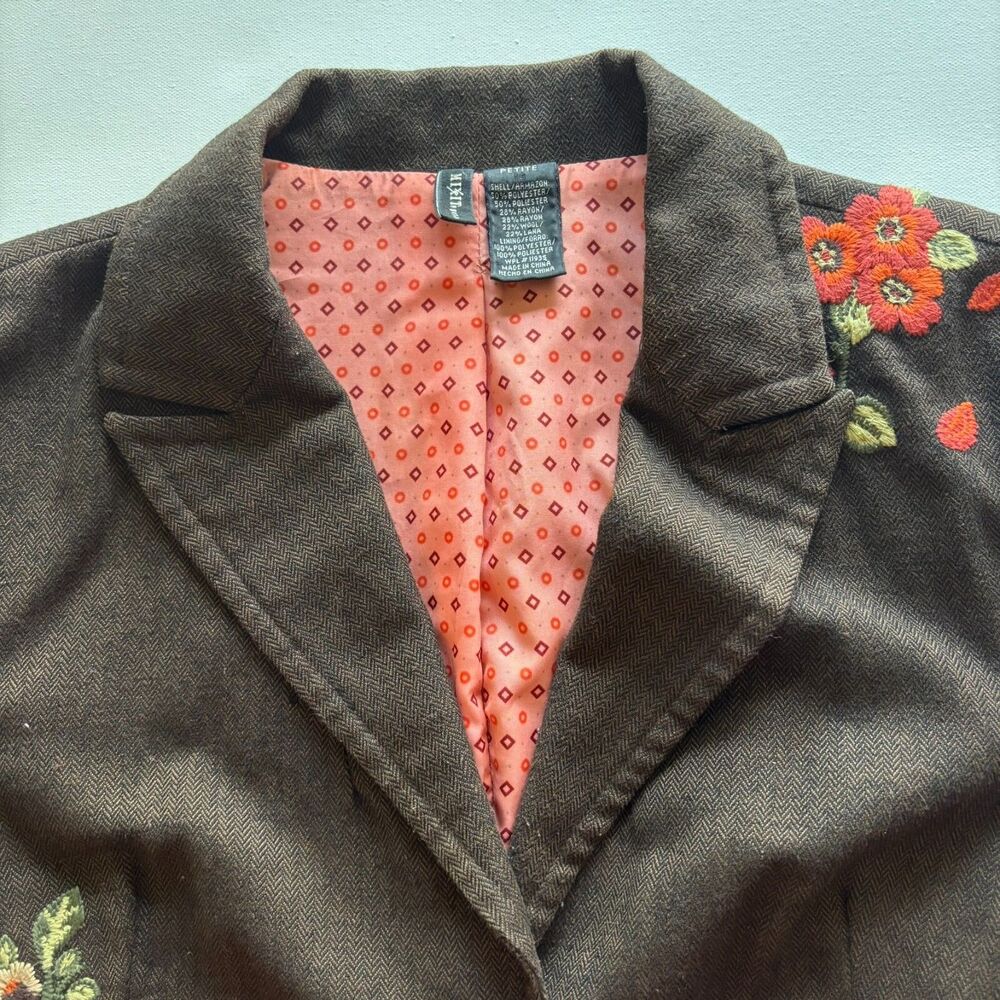 Y2K Embroidered Rose Blazer Women's Petite 14 Brown Wool Blend Cottagecore Work
